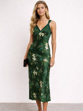 Reformation Neola Floral Print Silk Maxi Slip Dress Green Bias Cut Small